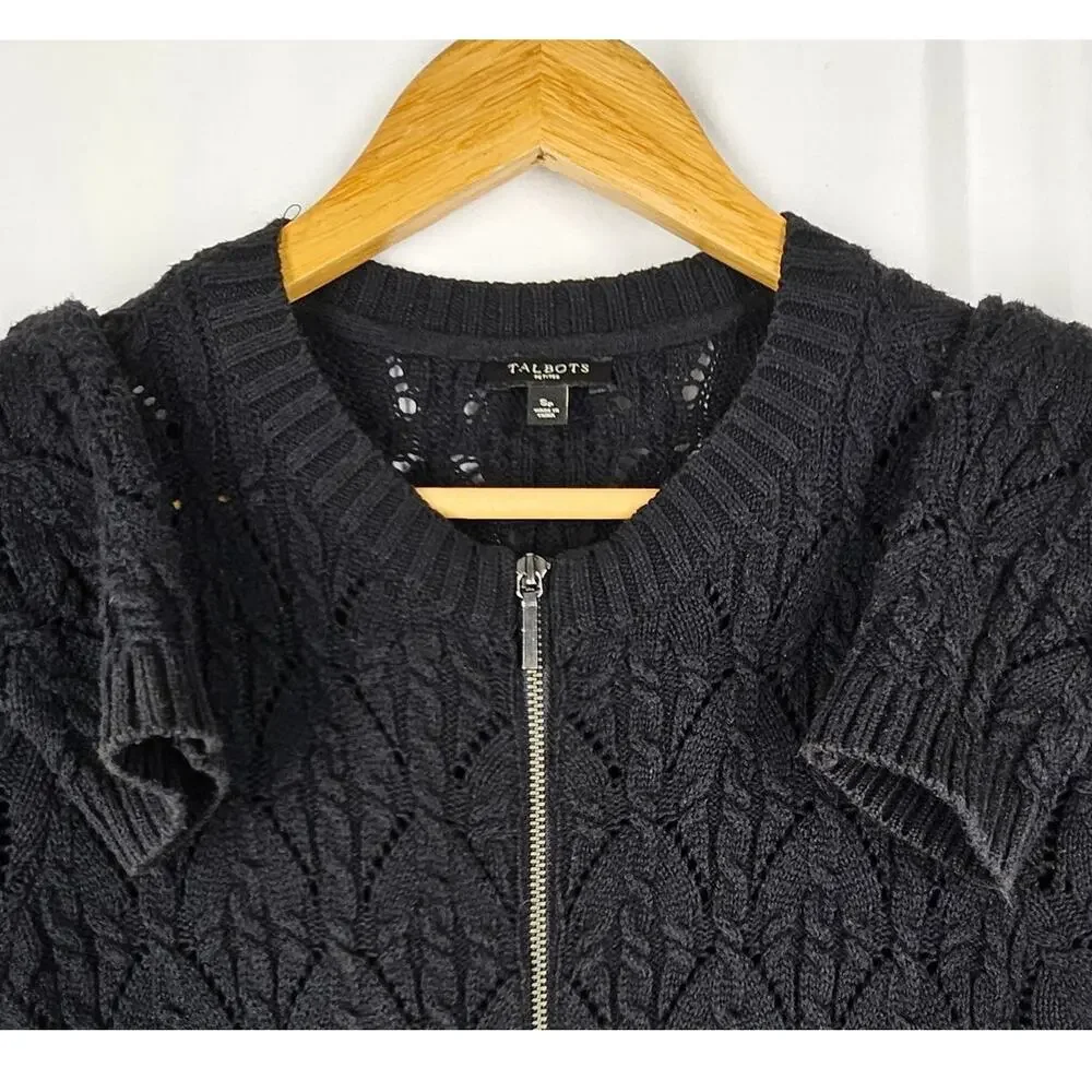 TALBOTS PETITES WOMEN'S KNIT BLACK ZIP UP SWEATER - SIZE SMALL PETITE
